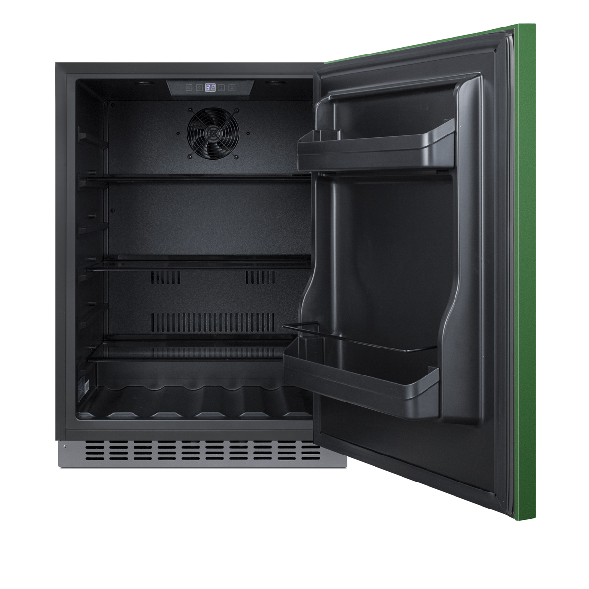 24 in. wide built-in undercounter ADA compliant all-refrigerator with emerald green door, stainless steel handle and kickplate, and black cabinet